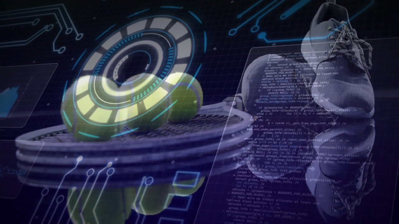 Floating yellow tennis balls on racket, neon HUD glowing with code overlays and sneakers above grid