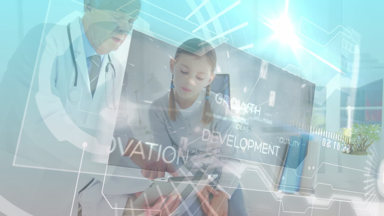 태블릿을 사용하는 백인 남성 의사에 대한 과학 데이터 처리의 애니메이션