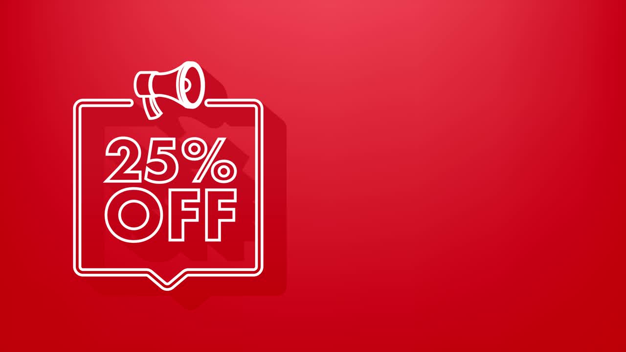 Banner di sconto del 25% con megafono. Cartellino prezzo con offerta di sconto. Icona 3D di promozione sconto del 25%. Motion graphic.