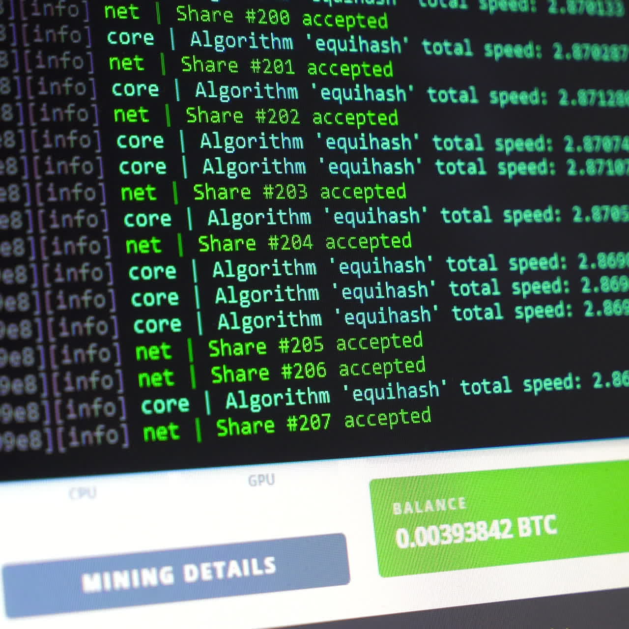 Concept of mining bitcoins. Crypto farm. Flow of information strings and data. Binary code