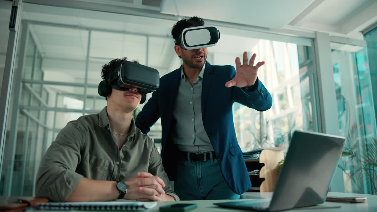 Two Men Experiencing Virtual Reality in a Modern Office