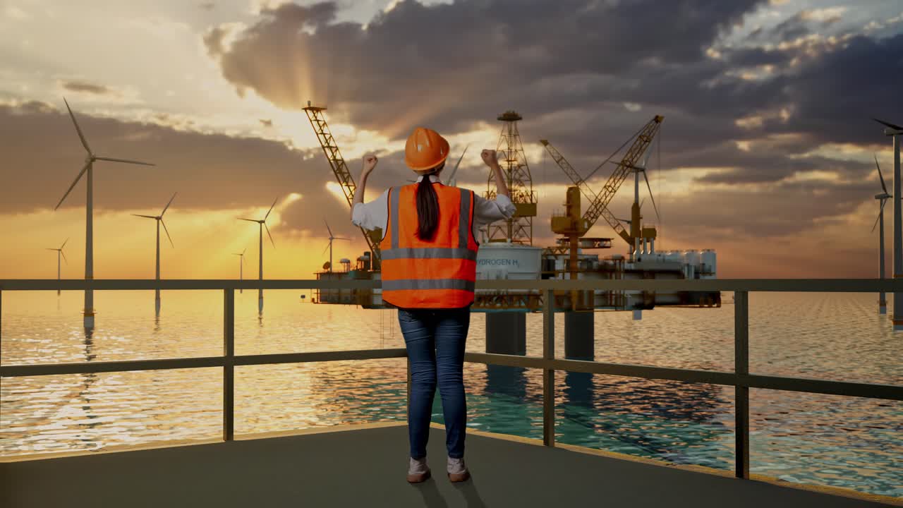 vista trasera completa del cuerpo de una ingeniera con casco de seguridad levantando las manos celebrando mientras trabaja con la producción de hidrógeno