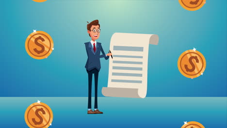hombre de negocios elegante con documento y monedas personaje animado