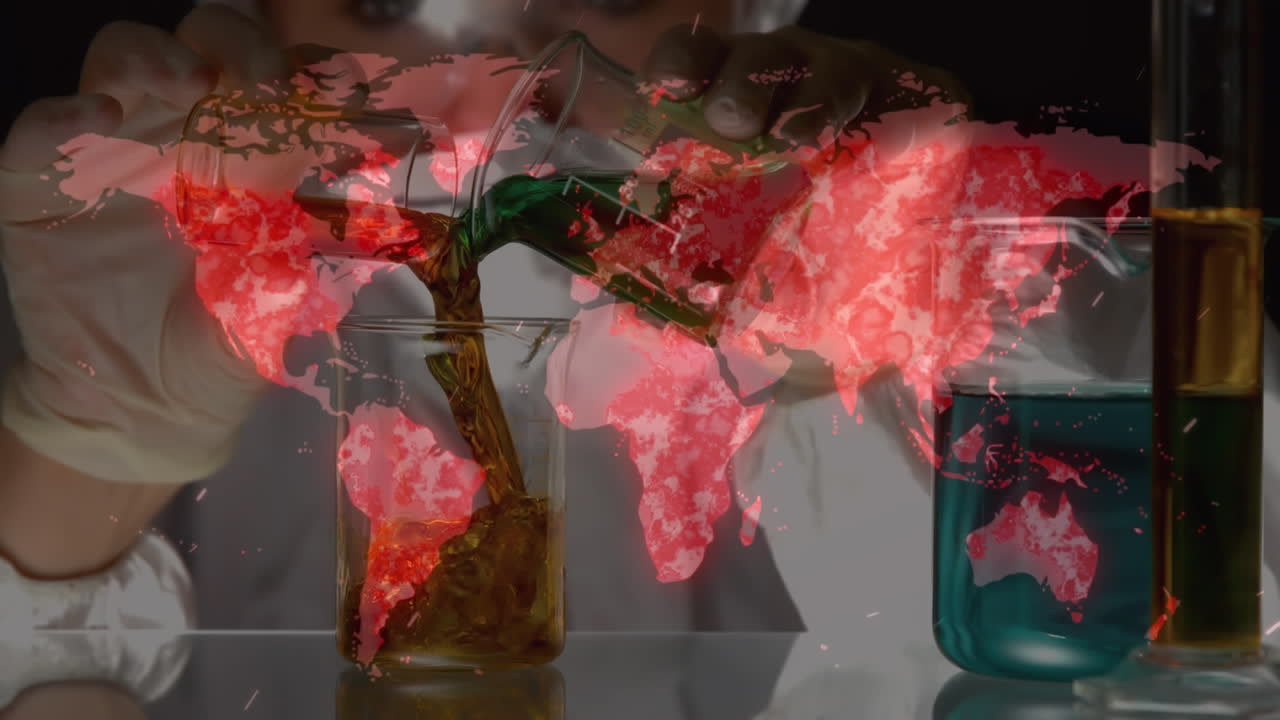animación del mapa del mundo sobre el científico con máscaras faciales