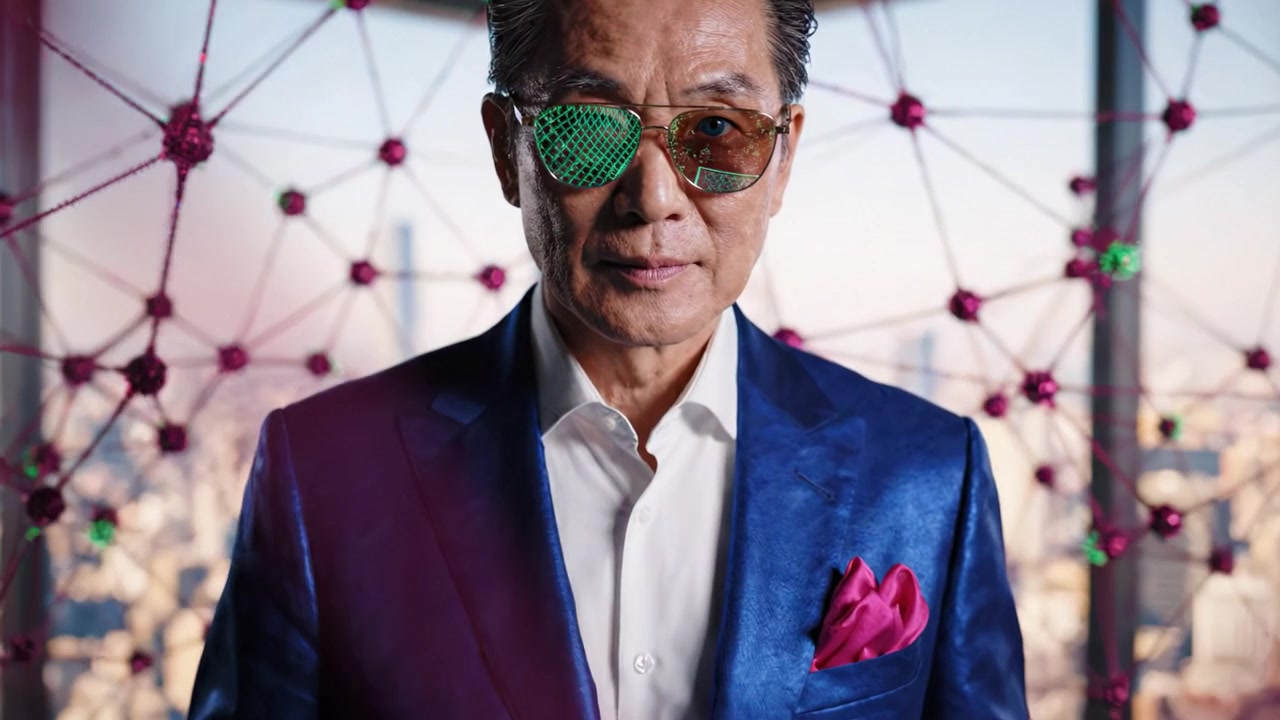 Un individuo sofisticato indossa occhiali da sole eleganti e un abito blu, interagendo abilmente con la tecnologia su uno sfondo vibrante e interconnesso di innovazione moderna.