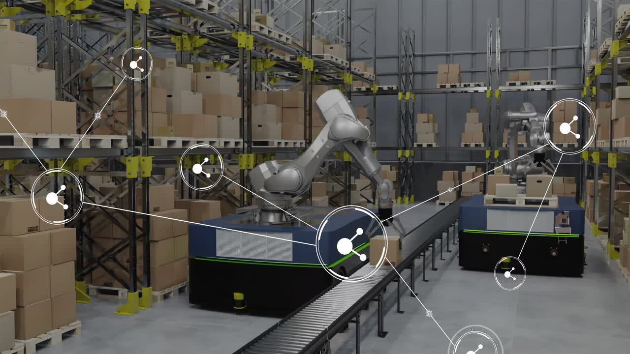 Animation of network of connections with icons over robot in warehouse