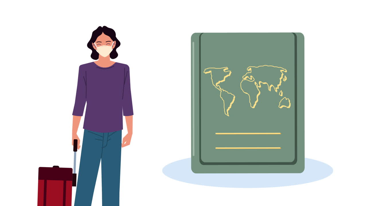 Woman with Passport and Suitcase, Wearing a Face Mask