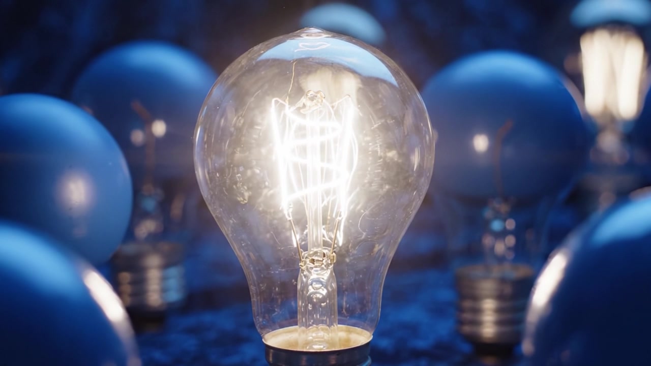 Un'affascinante esposizione di lampadine illuminate circondate da oggetti blu tenui, che mostra la bellezza dei filamenti incandescenti su uno sfondo scuro