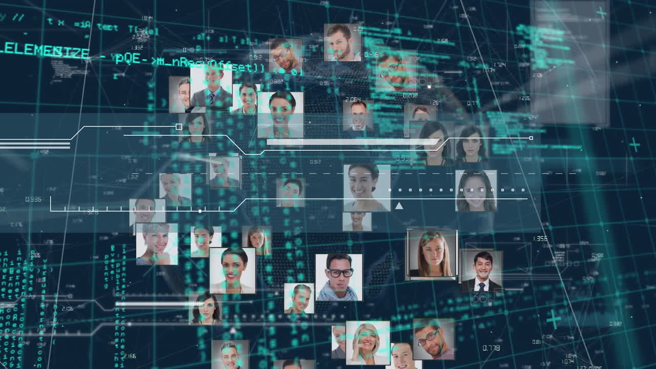 데이터 프로세싱과 파란색 배경에 회전하는 글로벌에 대한 비즈니스 프로필 아이콘