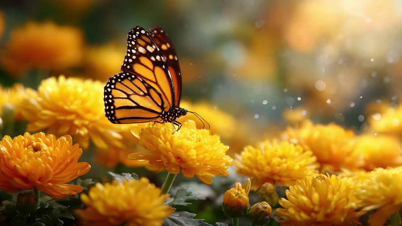A Monarch Butterfly Delicately Perches on Bright Yellow Chrysanthemums, Showcasing the Harmony of Nature's Beauty in a Lush Floral Habitat