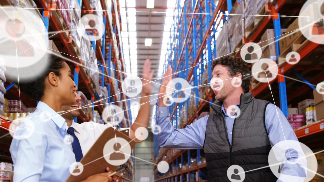 Lead pointing racks woman checking clipboard worker with box highfiving network linking logistics