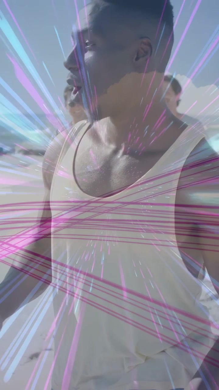 Vertical video: Cam zooming urging man moving and speaking on beach, rays radiating around for ads