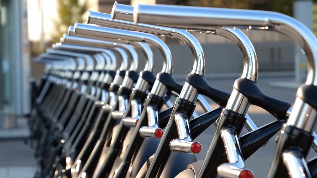 A close side view shows a line of parked bicycles with chrome handlebars, black grips, and red reflectors, receding into a blurred urban background