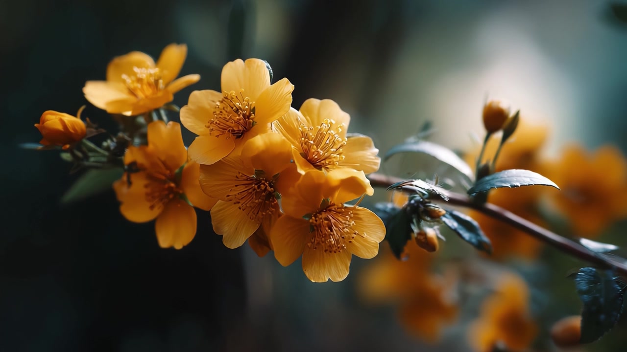 Um Belo Close-Up de Flores Amarelas Vibrantes sob Luz Natural Suave, Exibindo Suas Pétalas Delicadas e Folhas Verdes Exuberantes em um Cenário Externo Sereno