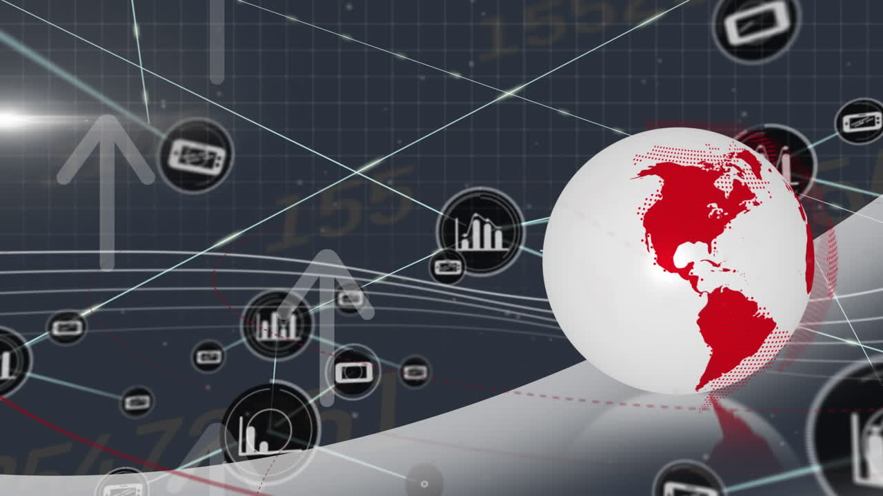 검은색 배경에 아이콘과 데이터 처리를 가진 연결 네트워크를 통해 지구의 애니메이션