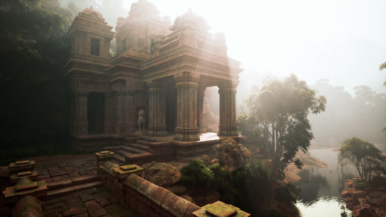 Ancient cambodian temple surrounded by misty forest