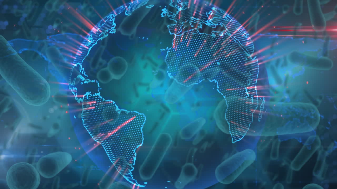 코로나바이러스의 세포가 파란색 배경에 회전하는 반 ⁇ 이는 지구 위에 퍼지는 애니메이션입니다.