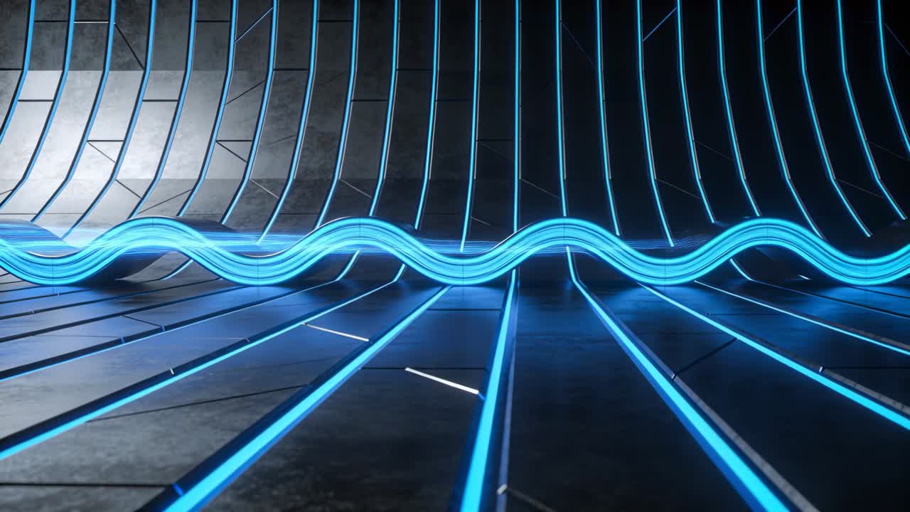 Nastro ciano luminoso oscillante che si sposta attraverso una camera curva a coste, formando scie traslucide.