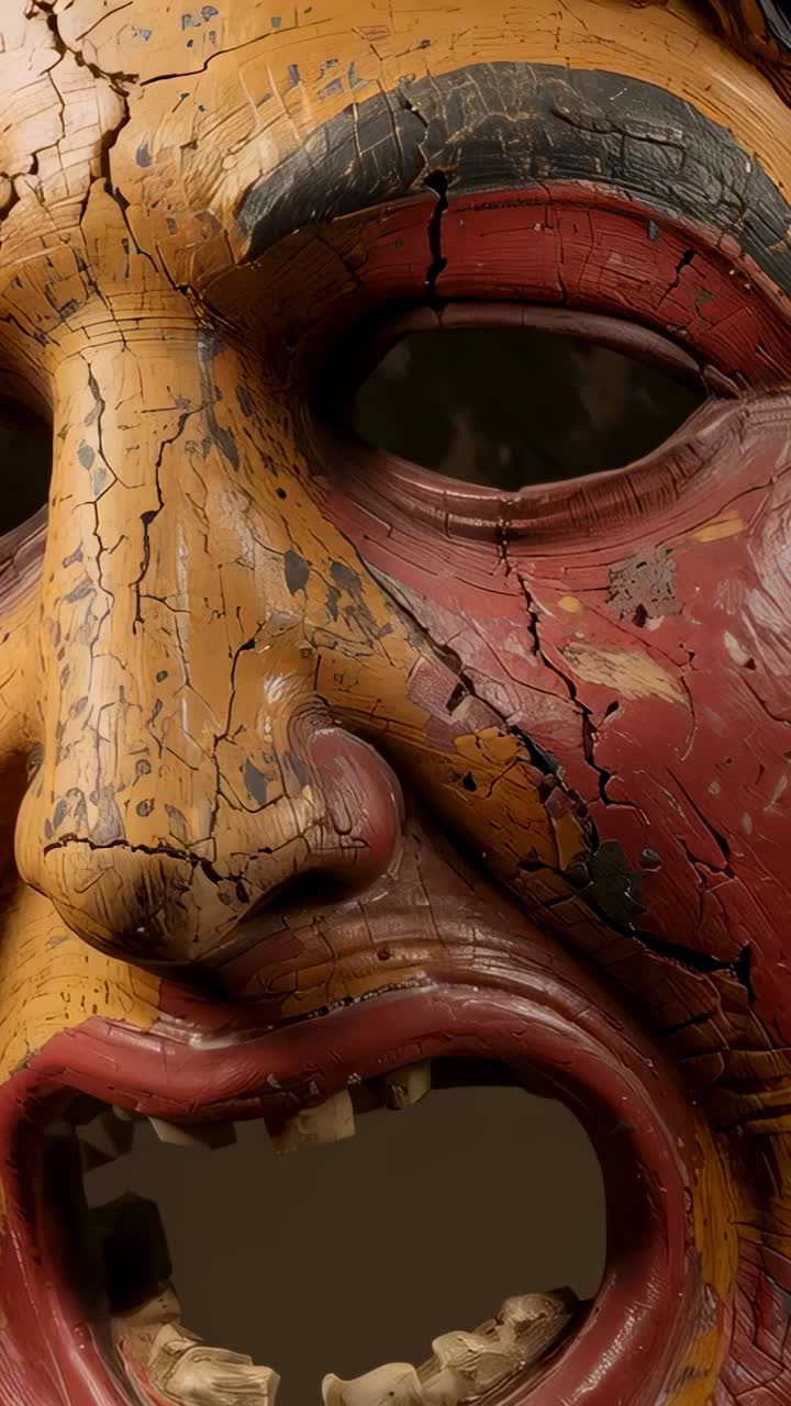 Vertical video: Camera pulling back to reveal carved wooden mask in studio, showing teeth