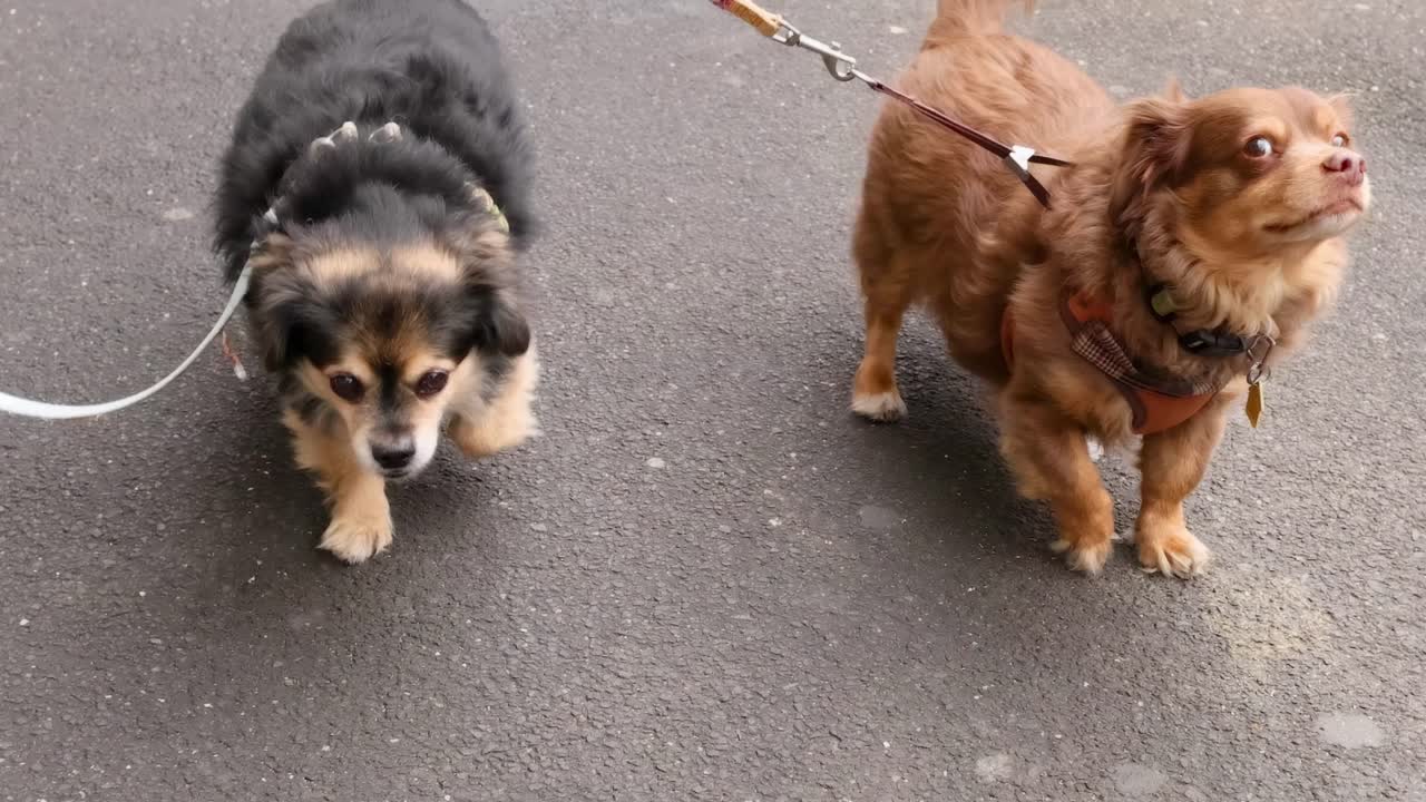 두 마리의 개가 줄에 고 있다