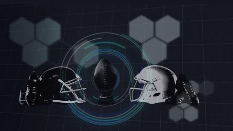 Animation-of-american-football-helmets-over-processing-circle-and-hexagons-on-black-background