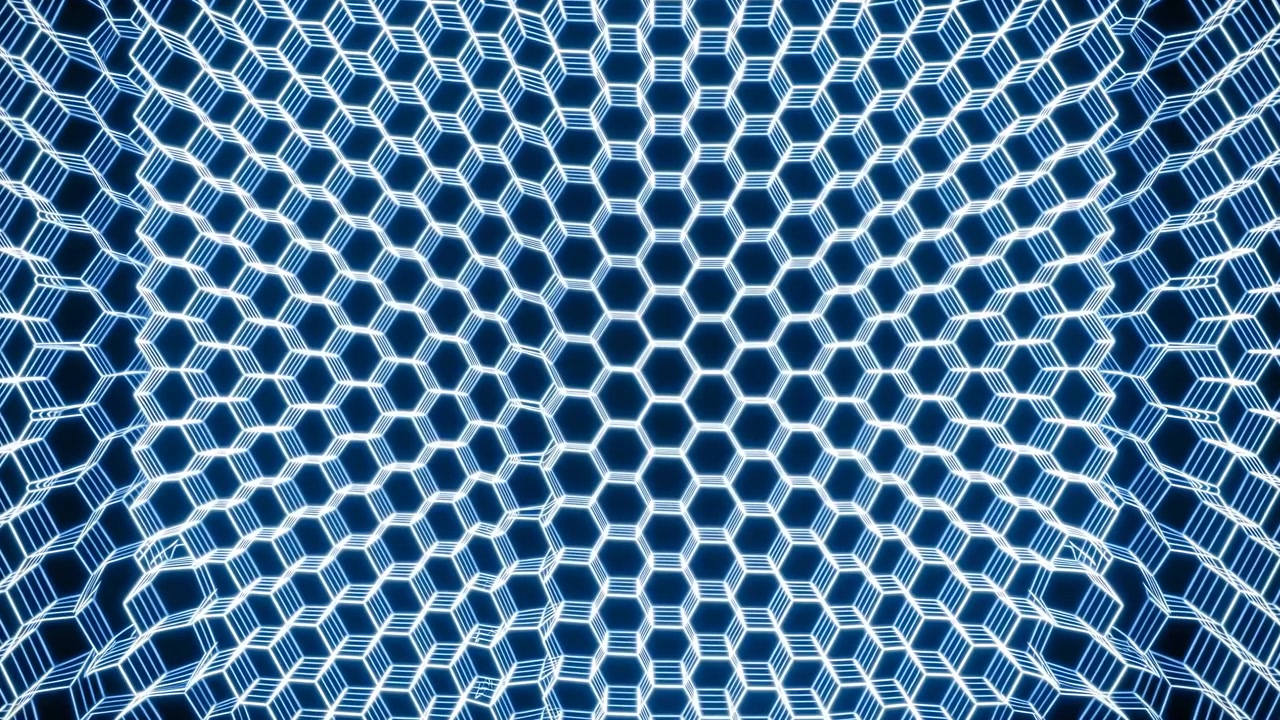 Bright blue hexagonal mesh forms a curved tunnel with strong central perspective, dark gaps, and luminous outlines, creating a futuristic digital surface