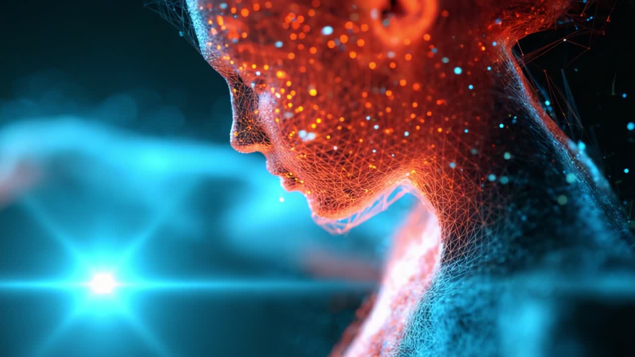 A captivating portrayal of a human silhouette illuminated by vibrant blue and orange sparks, representing the fusion of technology, art, and human creativity through luminous digital effects