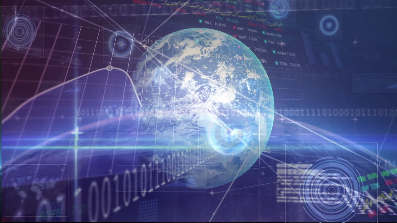 Animation of Earth with digital data and graphs, showing global technology network