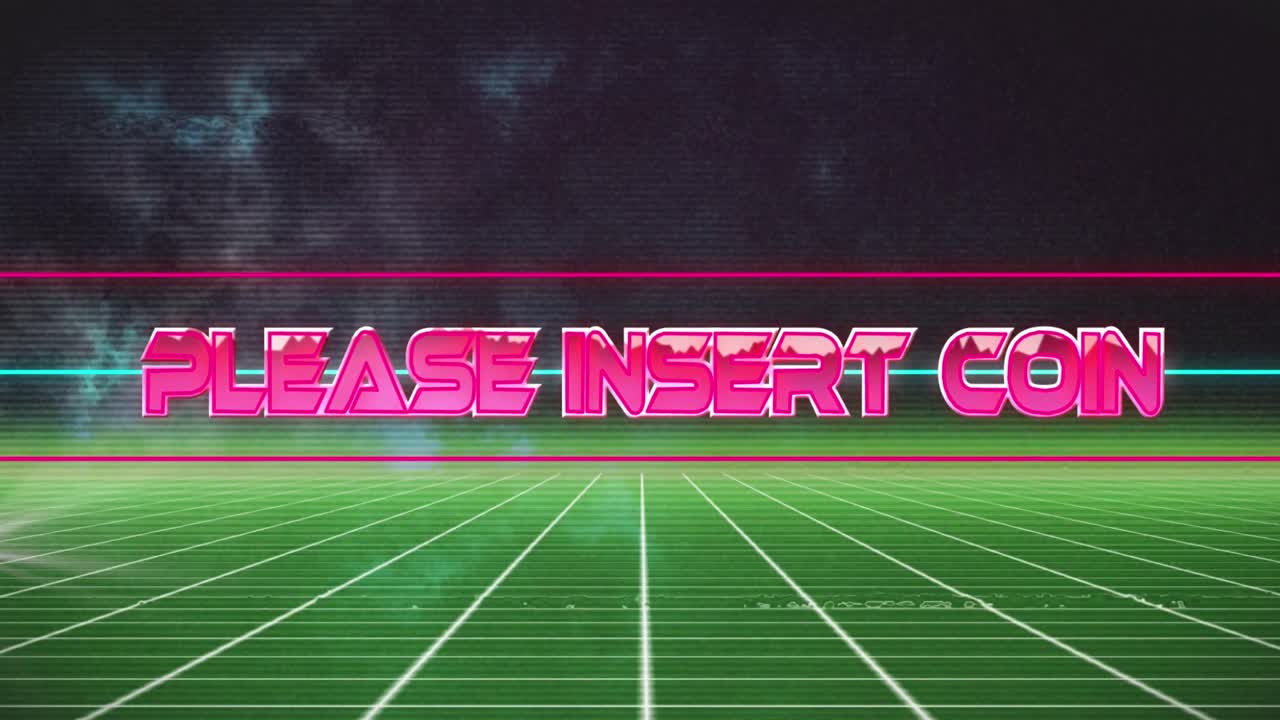 움직이는 격자 패턴 위에 글리치 기법으로 동전 텍스트를 입하십시오.