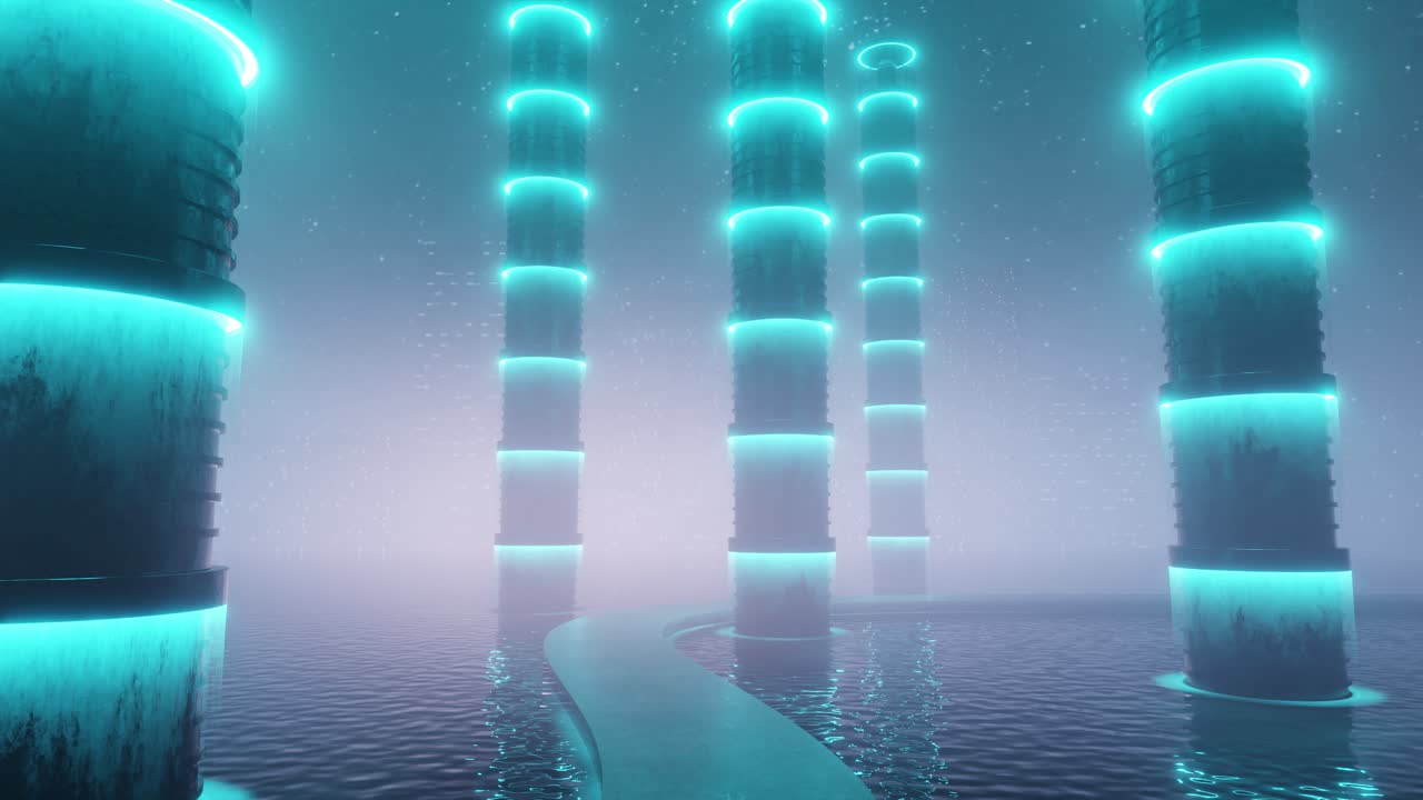 Skyscrapers with neon lights in sparkling starry night. 3d animation render