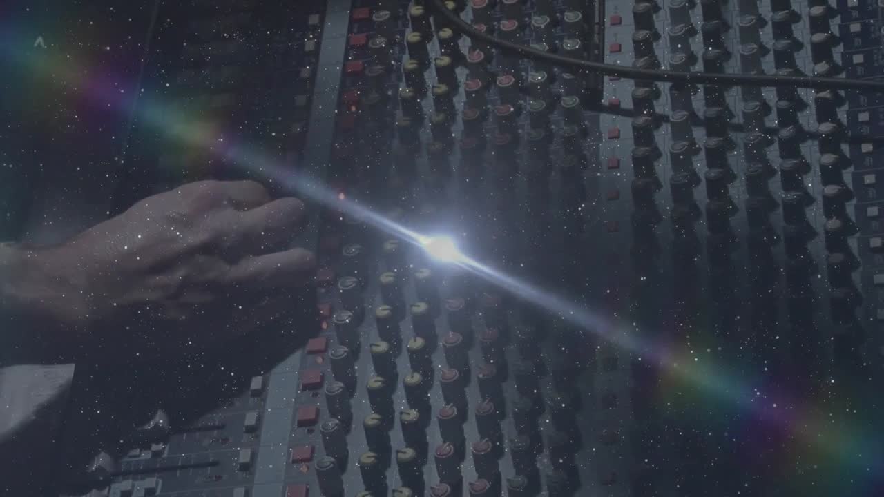 사운드 프로듀서가 사운드 이 ⁇ 라이저를 조정하는 애니메이션과 전면에 움직이는 빛의 반점이 있습니다.