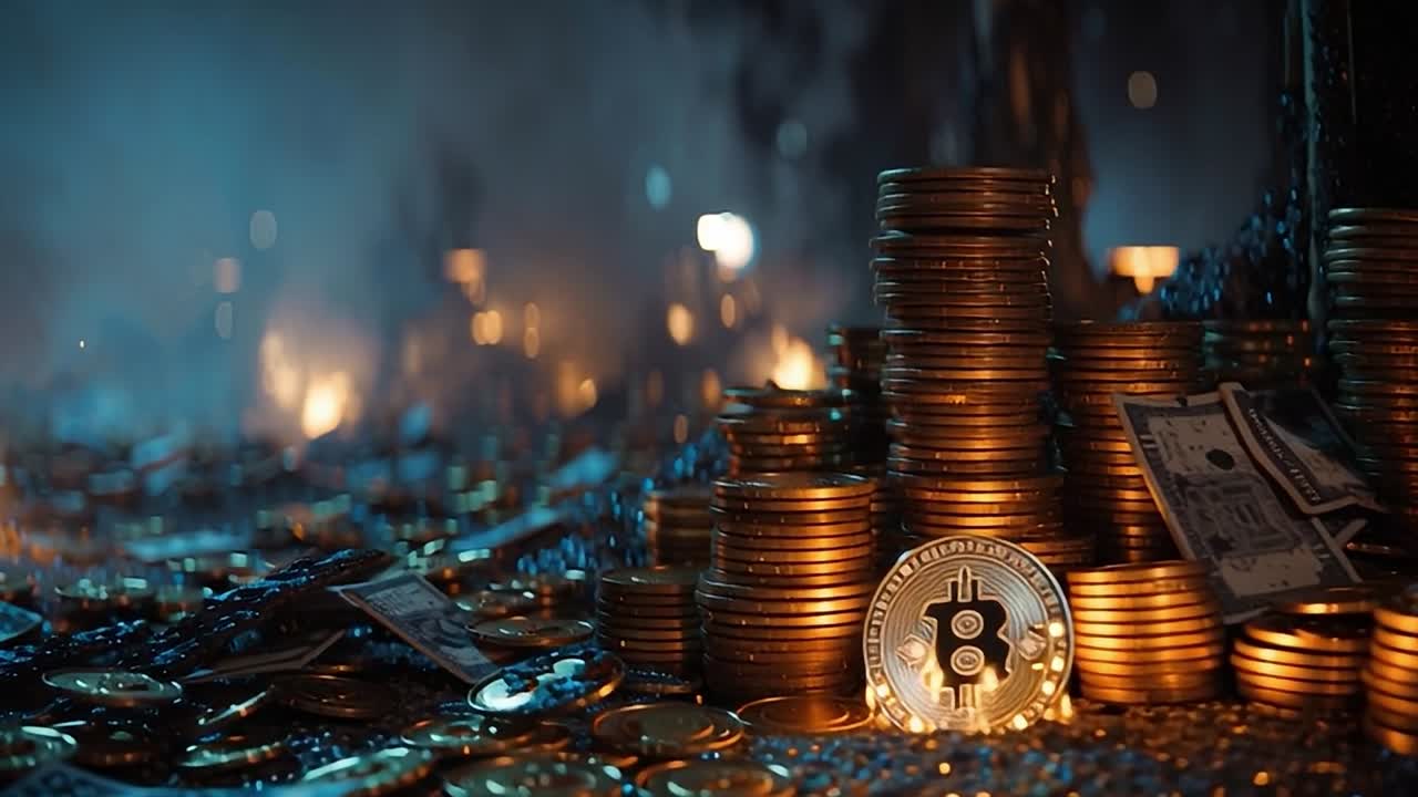 Pile di monete e criptovaluta in uno sfondo fumoso di notte