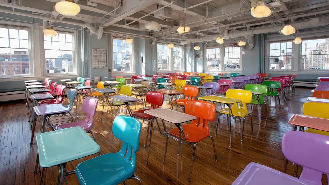 Un'aula vivace e colorata con scrivanie dai colori brillanti che invita all'apprendimento e al coinvolgimento in un ambiente educativo allegro