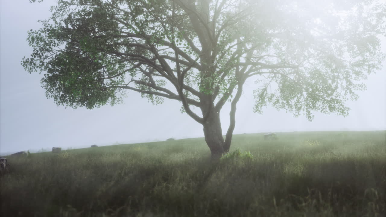 Sunny morning in a tranquil meadow with a lone tree and gentle fog