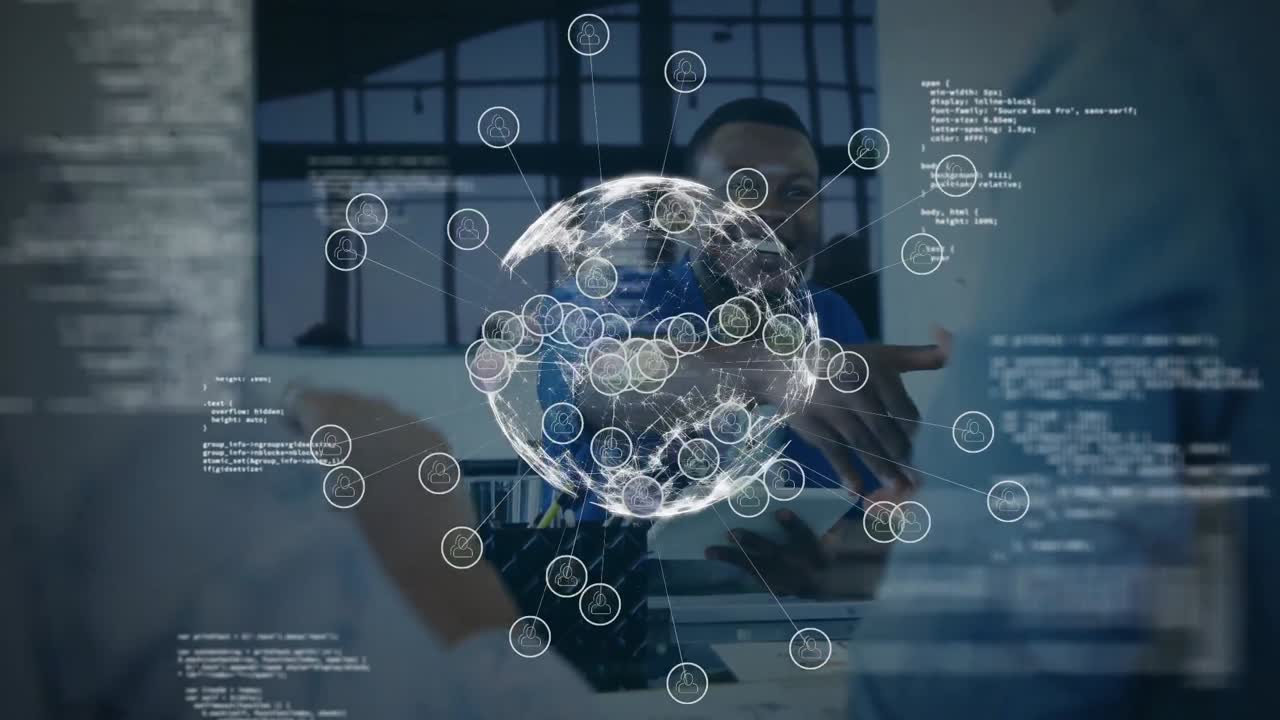 Digital composition of globe of network of connections spinning and data processing against business