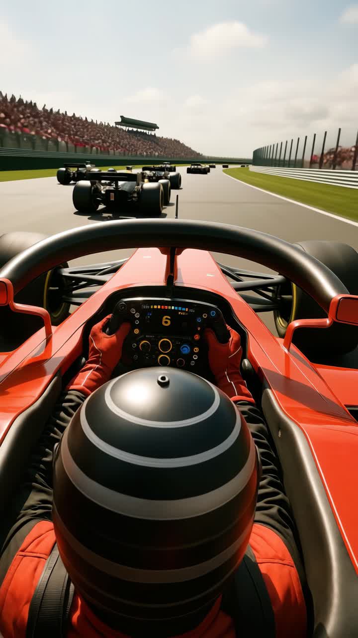 POV video style of a Formula 1 race, capturing the intense action from the driver's seat
