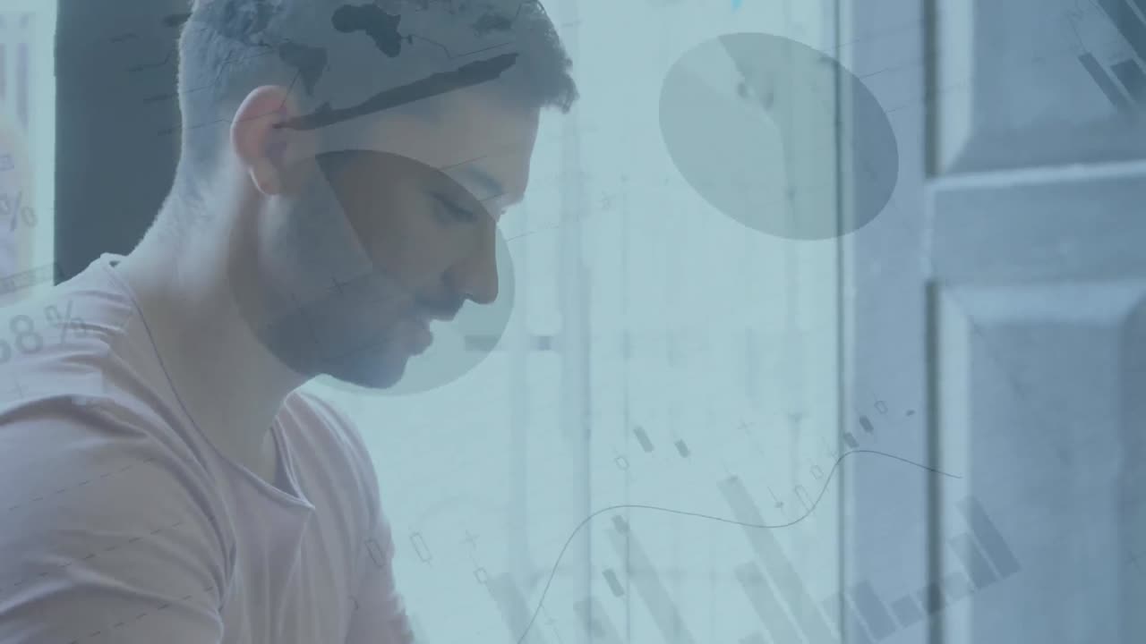 Animation of statistics processing over smiling man using smartphone