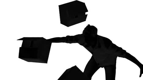silueta de un hombre torpe dejando caer cajas sobre un fondo blanco