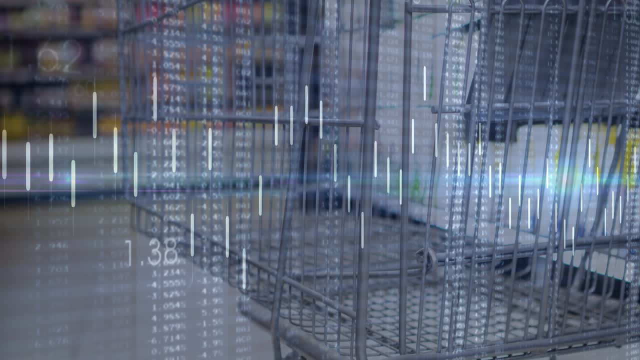 Empty metal cart remaining still, data overlay appearing and light streak sweeping to show pricing