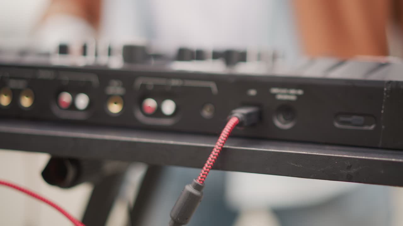Sorte DJ-hænder sætter kabel i. Nærbillede af fingerspidser, der indsætter rødt jackstik i mixerstik. Varmt naturligt lys, urban gadeopsætning. Musiker forbereder liveoptræden, fokus på taktilt udstyr, analog lyd.