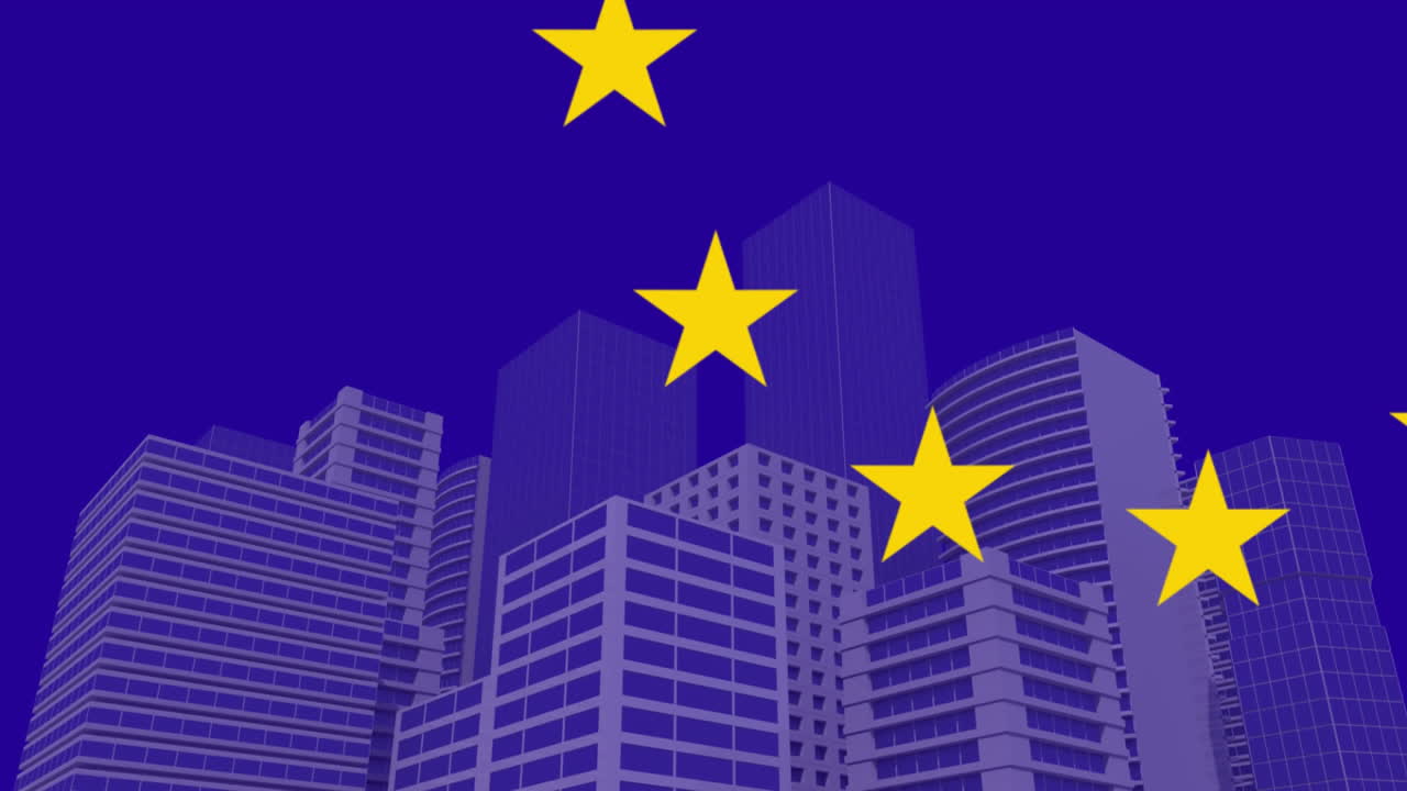 도시 풍경 에 회전 하는 노란색 별 들