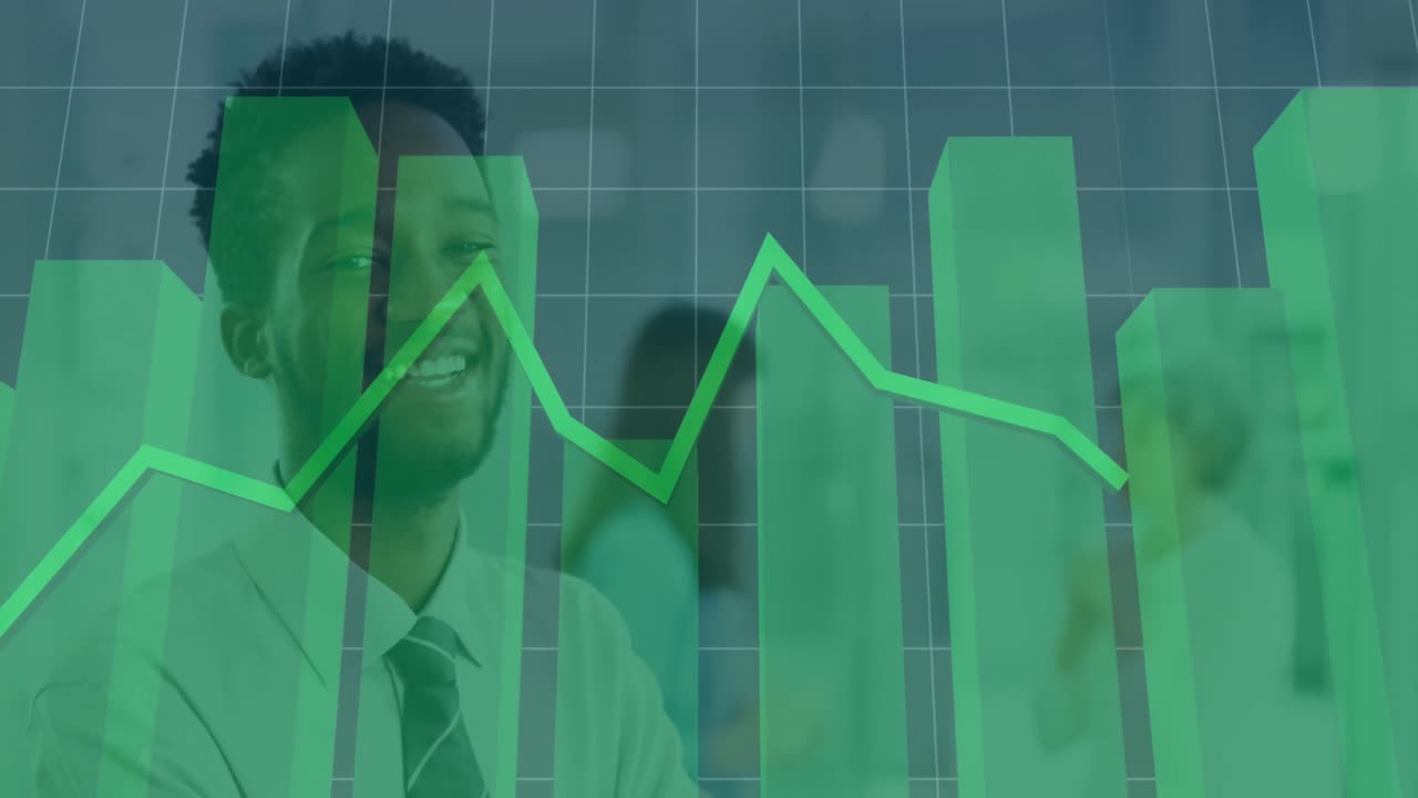 animación de la línea verde, estadísticas y procesamiento de datos financieros sobre personas de negocios.