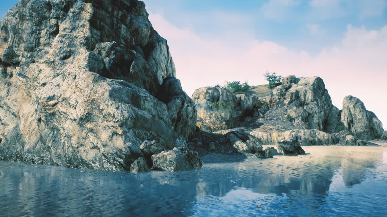 Serene coastal landscape with rocky formations and tranquil waters