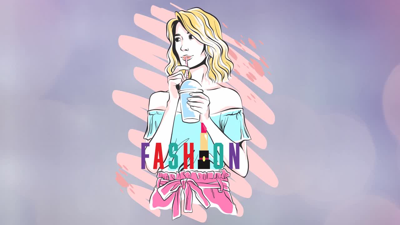 Animation of woman drinking shake with fashion text on blue background