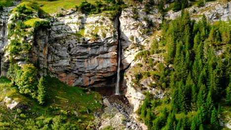 acercamiento lento en una cascada que cavó desde un enorme acantilado, hermosos y grandes árboles rodean el paisaje