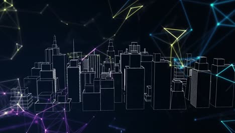 Animation-Eines-Netzwerks-Von-Verbindungen-über-Einer-3D-Stadtbildzeichnung