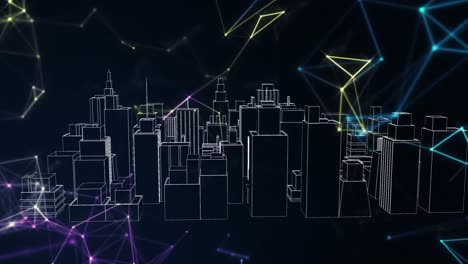 animation of network of connections over 3d cityscape drawing