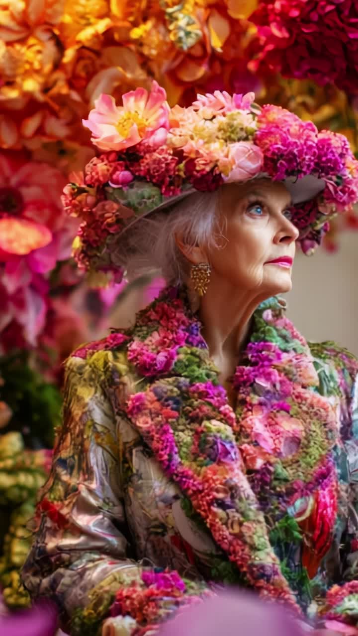 Elegant Elderly Woman in Floral Attire Surrounded by Vibrant Blossoms and a Colorful Background Capturing the Beauty of Fashion and Nature