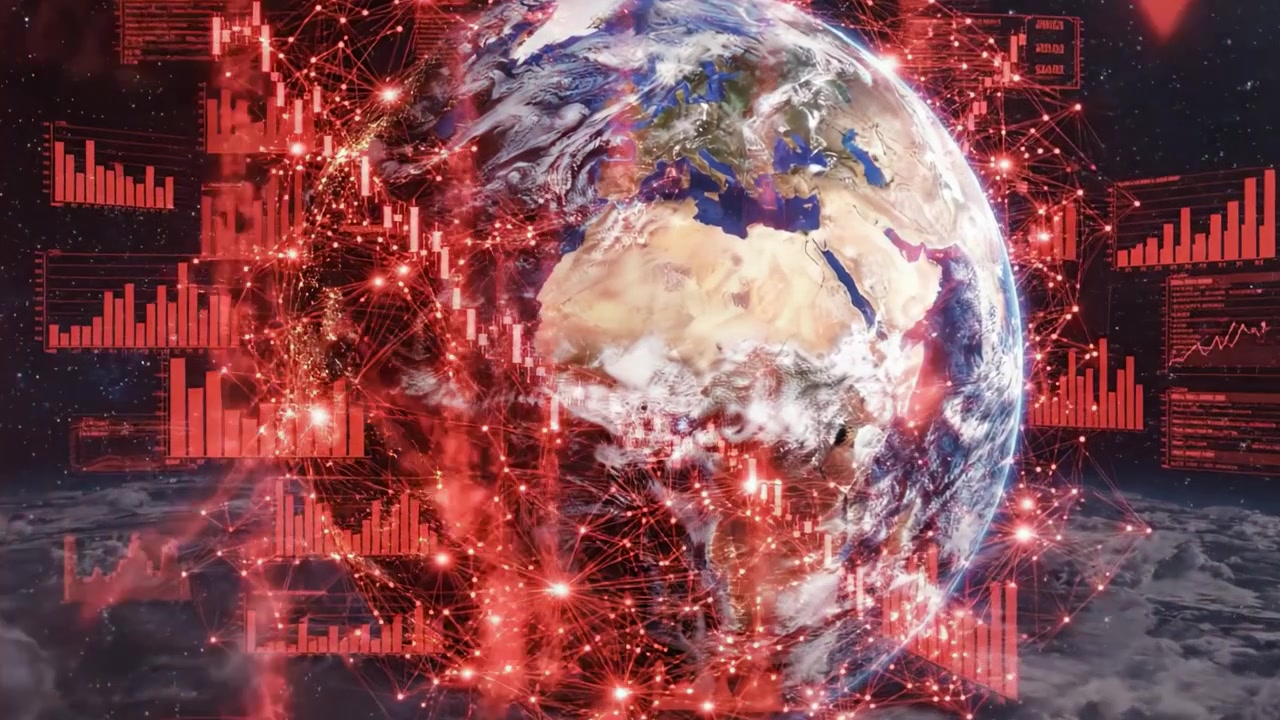 Eine dynamische Darstellung der Erde, umgeben von Finanzdaten und Analysen, die die Schnittstelle unseres Planeten und globaler Wirtschaftstrends zeigt