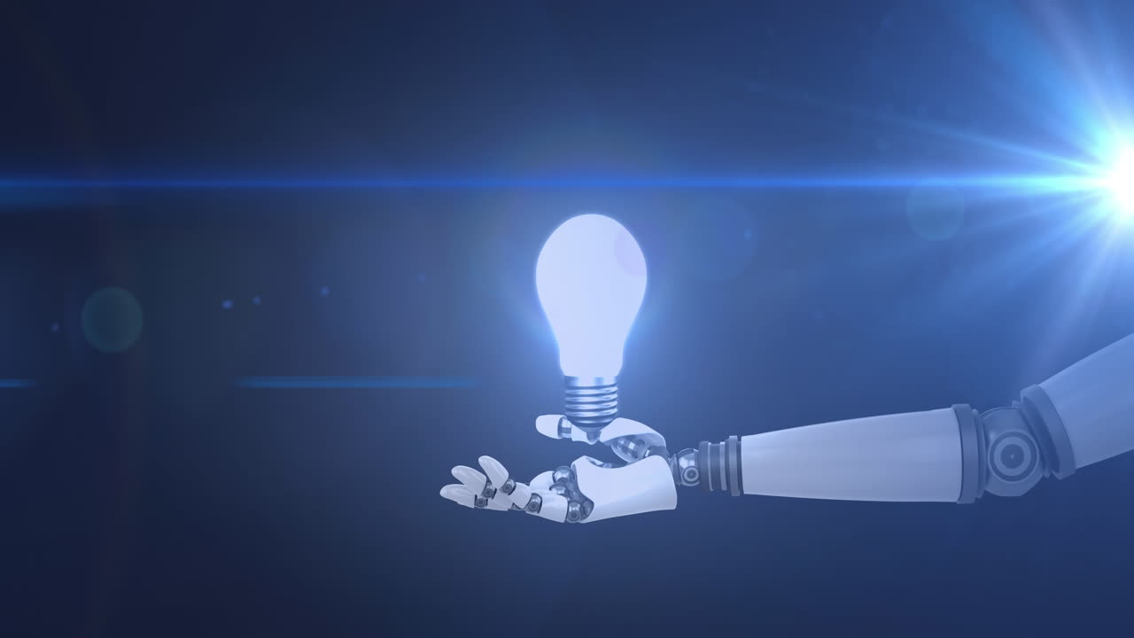 Animation of light bulb over hand of robot arm, with moving light on dark background